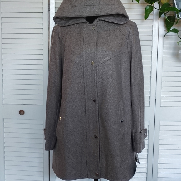 NWT - London Fog Gray Hooded Wool Blend Coat Size L - Picture 1 of 16
